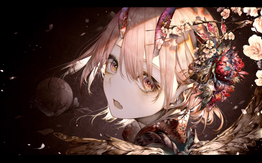 1girl absurdres bangs branch fang flower hair_between_eyes hair_flower hair_ornament highres hito_komoru light_blush looking_at_viewer open_mouth original pink_hair portrait red_eyes short_hair solo