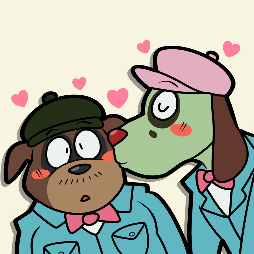 &lt;3 1:1 2022 anthro blush bow_tie brown_body brown_fur canid canine canis clothing cute_expression domestic_dog duo eyes_closed facial_hair fur green_body green_fur hat headgear headwear hi_res hunting_dog janjauwu kissing kissing_cheek leaning leaning_forward male male/male mammal molosser mustache pockets pug scent_hound sherlock_hound_(series) simple_background size_difference small_molosser smiley_(sherlock_hound) suit todd_(sherlock_hound) toy_dog