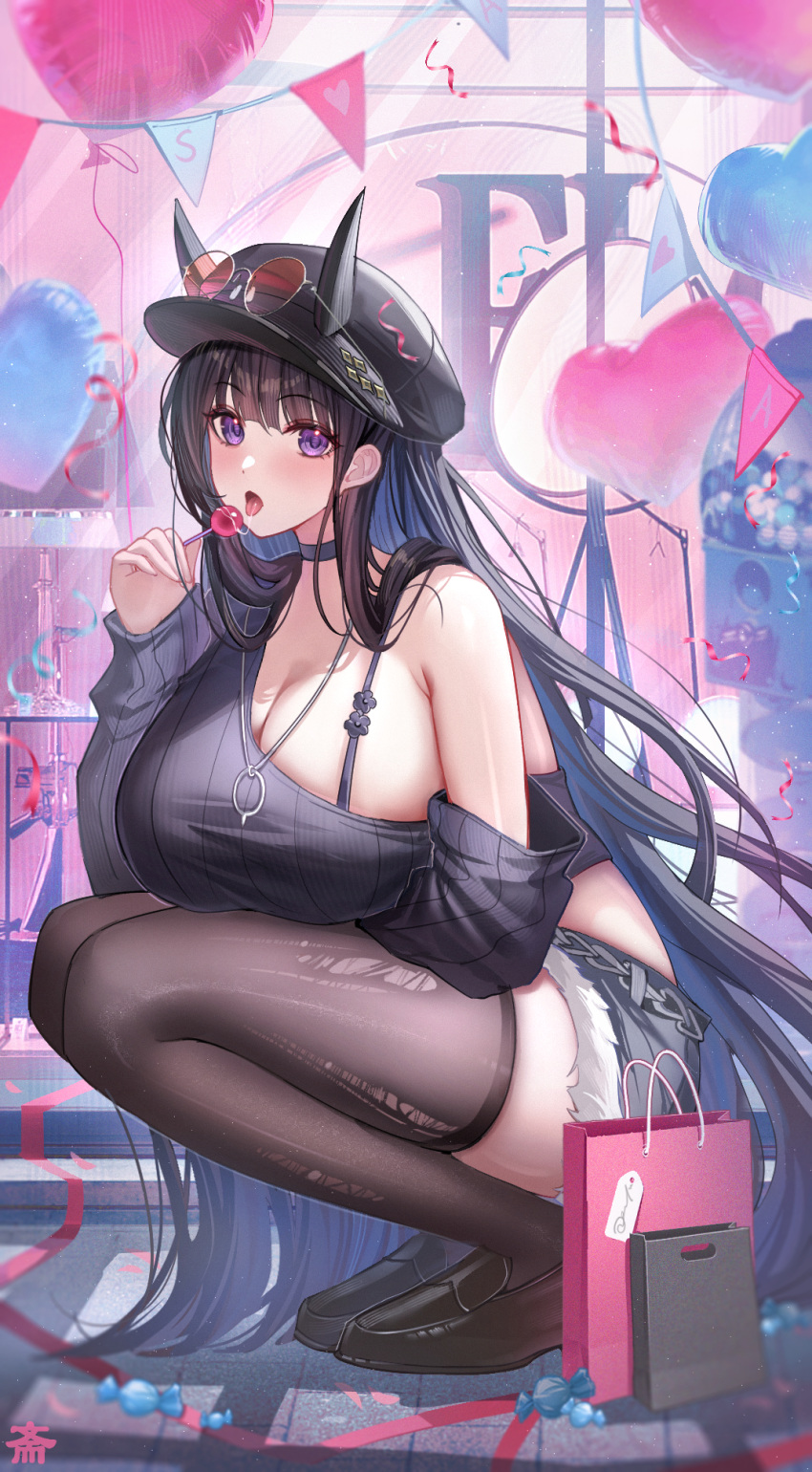 1girl arm_warmers azur_lane bag balloon black_arm_warmers black_choker black_footwear black_hair black_hat black_shirt black_thighhighs breasts candy choker cleavage commentary_request eyewear_on_headwear food grey_shorts hat heart_balloon highres holding holding_candy holding_food holding_lollipop horns horns_through_headwear huge_breasts lollipop long_hair looking_at_viewer noshiro_(azur_lane) noshiro_(dressed-up_date)_(azur_lane) official_alternate_costume official_alternate_hairstyle open_mouth purple_eyes round_eyewear saliva saliva_trail shirt shopping_bag shorts single-shoulder_shirt single_bare_shoulder solo squatting striped_arm_warmers striped_clothes striped_shirt tansuan_(ensj3875) thick_thighs thighhighs thighs tongue tongue_out torn_clothes torn_thighhighs vertical-striped_clothes vertical-striped_shirt wrapped_candy