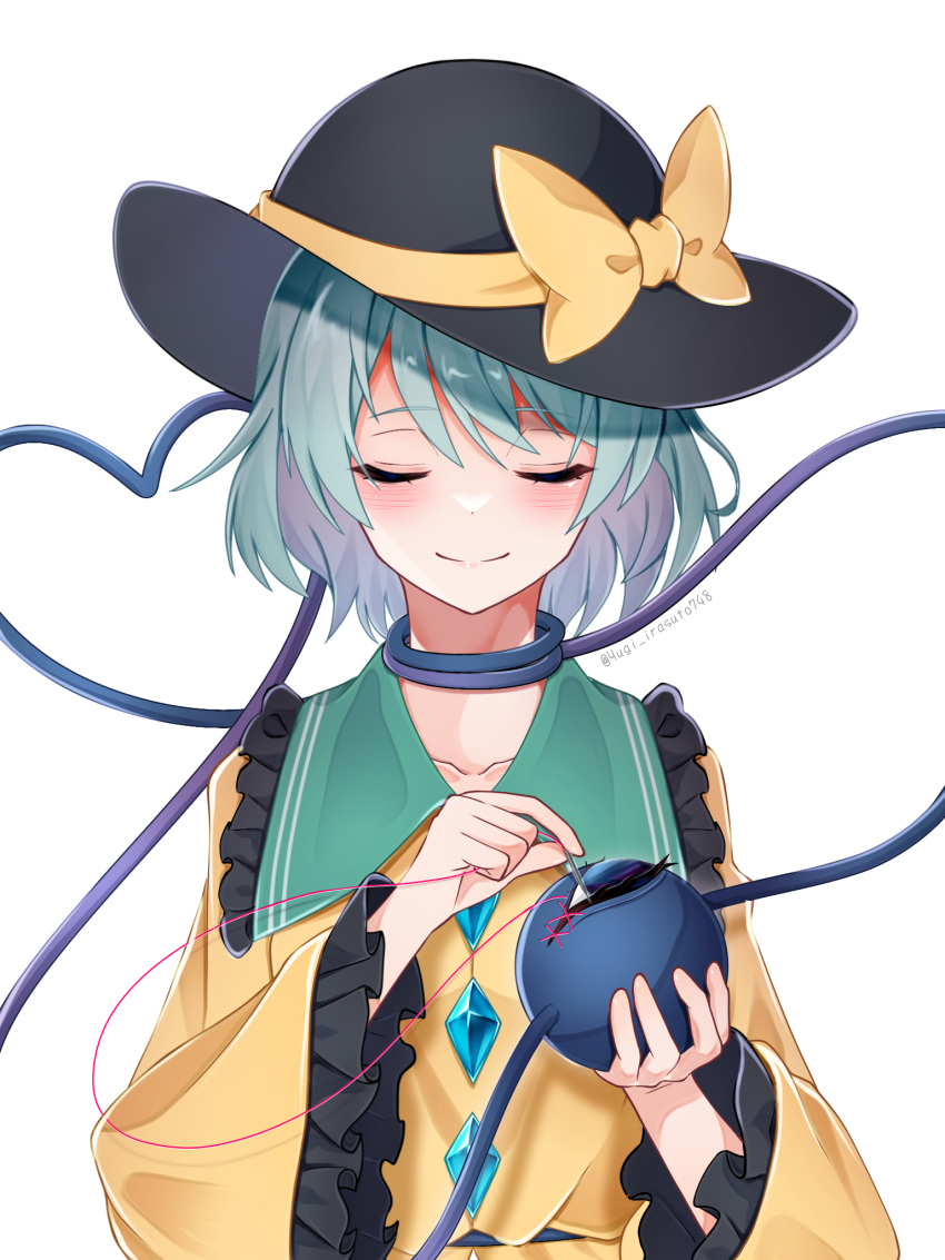1girl black_hat blue_eyes blush bow buttons closed_eyes closed_mouth commentary_request diamond_button frilled_shirt_collar frilled_sleeves frills green_hair hair_between_eyes hands_up hat hat_bow heart heart_of_string highres holding holding_eyeball holding_needle implied_suicide koishi_day komeiji_koishi long_sleeves munari_yugi needle sewing sewing_needle short_hair simple_background smile solo split_mouth straight-on symbolism third_eye touhou twitter_username upper_body white_background wide_sleeves yellow_bow