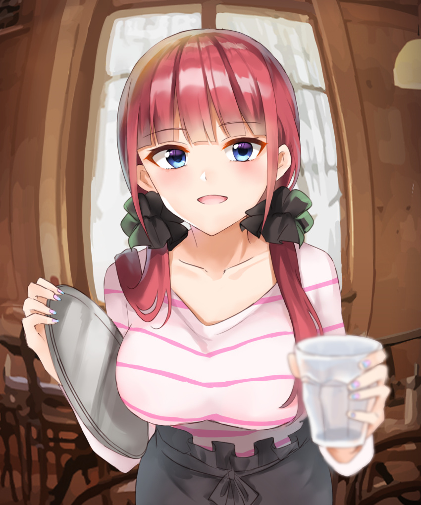 1girl :d apron black_apron black_scrunchie blue_eyes blunt_bangs blurry breasts butterfly_hair_ornament collarbone commentary_request cup depth_of_field go-toubun_no_hanayome gradient_nails hair_ornament hair_scrunchie highres holding holding_cup holding_tray indoors large_breasts lemon_t long_hair looking_at_viewer low_twintails nakano_nino pink_hair pink_shirt scrunchie shirt smile solo striped_clothes striped_shirt tray twintails waist_apron waitress