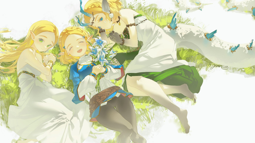 3girls ^_^ armlet bare_shoulders barefoot black_pants blonde_hair blue_eyes blue_shirt bouquet bracelet braid closed_eyes crown_braid dragon_girl dragon_horns dragon_tail dress expressionless feet flower from_above grass green_eyes highres holding holding_bouquet horns jewelry light_dragon_(zelda) long_hair lying magatama magatama_necklace multiple_girls necklace on_back on_ground on_side open_mouth pants pointy_ears princess_zelda shirt silent_princess sleeveless sleeveless_dress smile spoilers tail the_legend_of_zelda the_legend_of_zelda:_breath_of_the_wild the_legend_of_zelda:_tears_of_the_kingdom white_dress wristband yun_(dl2n5c7kbh8ihcx)