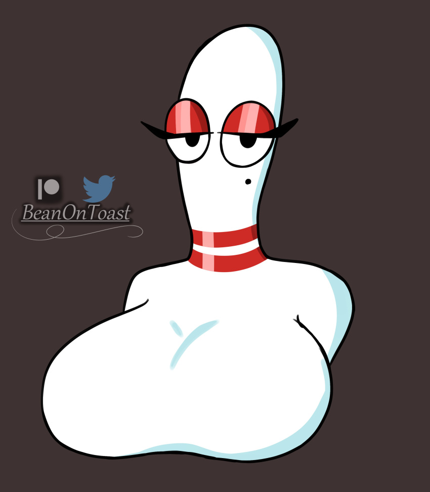 2023 absurd_res animate_inanimate artist_name beanontoast big_breasts black_eyes bowling_pin breasts brown_background digital_drawing_(artwork) digital_media_(artwork) eyelashes featureless_breasts female fuckable_pin hi_res humanoid looking_at_viewer markings meme mole_(marking) not_furry patreon patreon_logo simple_background solo twitter twitter_logo watermark white_body wyer_bowling_(meme)