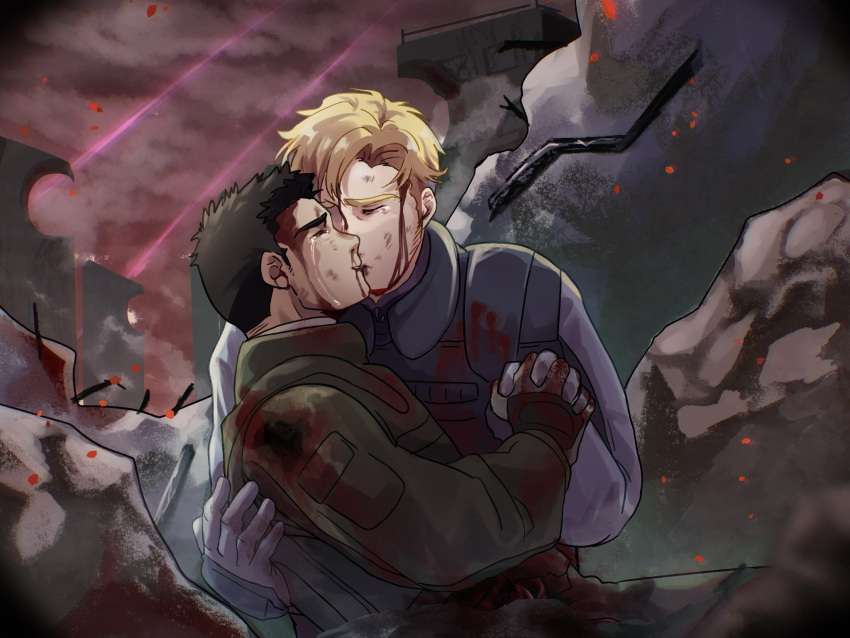 2boys ao_isami black_hair blonde_hair blood blood_on_clothes blood_on_face blue_jumpsuit bruise bruise_on_face couple facial_hair green_jumpsuit hand_on_another's_back highres injury interlocked_fingers jumpsuit kiss kusitaki_0141 lewis_smith male_focus multiple_boys rubble ruins short_hair sideburns_stubble stubble tearing_up upper_body war yaoi yuuki_bakuhatsu_bang_bravern