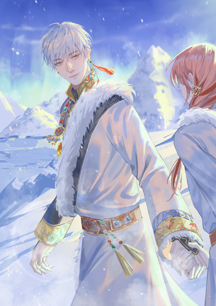 1boy 1girl absurdres aurora bangs btbttbt chinese_clothes highres holding_hands jewelry light_and_night_love long_hair long_sleeves looking_at_another male_focus miao_clothes pink_hair protagonist_(light_and_night_love) qi_sili short_hair smile snow_mountain snowing tassel walking white_hair yellow_eyes