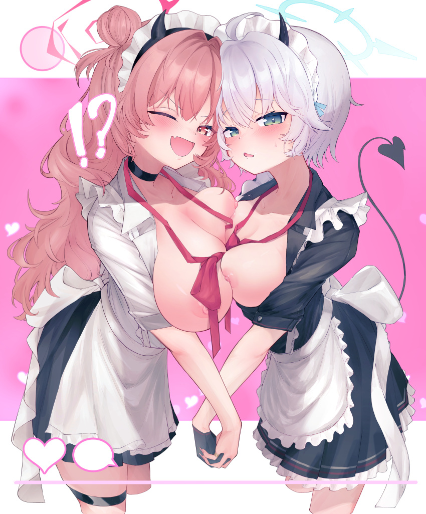 !? 2girls :d absurdres alternate_costume apron asymmetrical_docking black_choker black_horns black_skirt blue_archive blush bow bowtie breast_press breasts breasts_out choker cleavage closed_eyes demon_horns demon_tail double_bun enmaided erika_(blue_archive) fake_horns fang hair_bun hair_ornament halo heads_together heart highres holding_hands horn_hairband horns kirara_(blue_archive) large_breasts long_hair long_sleeves looking_at_viewer loose_bowtie loose_neck_ribbon maid maid_apron maid_day maid_headdress medium_breasts multiple_girls nipples no_bra open_mouth pink_hair pink_halo pleated_skirt school_uniform shirt short_hair skin_fang skirt smile sweat tail uro_yotada white_apron white_hair white_shirt