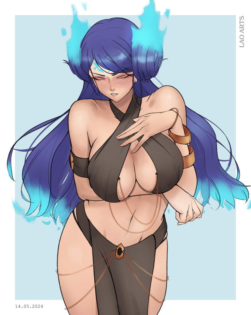 1girl absurdres blue_fire blush breasts brighid_(xenoblade) closed_eyes curvy fiery_hair fire highres lao_arts large_breasts long_hair looking_at_viewer meme meme_attire navel revealing_clothes xenoblade_chronicles_(series) xenoblade_chronicles_2