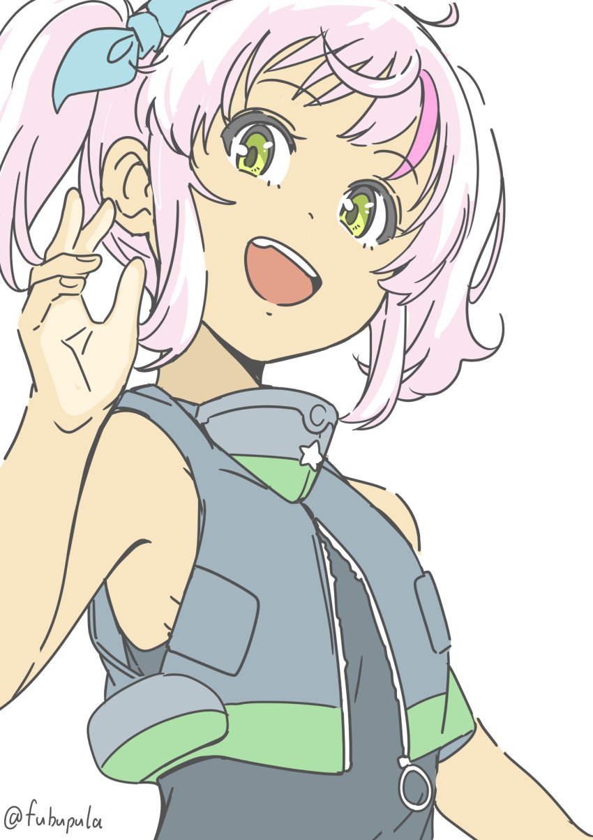 1girl comandante_cappellini_(kancolle) dark-skinned_female dark_skin diving_suit fubupula green_eyes grey_vest grey_wetsuit highres kantai_collection multicolored_hair one-hour_drawing_challenge open_mouth pink_hair simple_background smile solo streaked_hair tan tanlines teeth twintails upper_body upper_teeth_only vest white_background