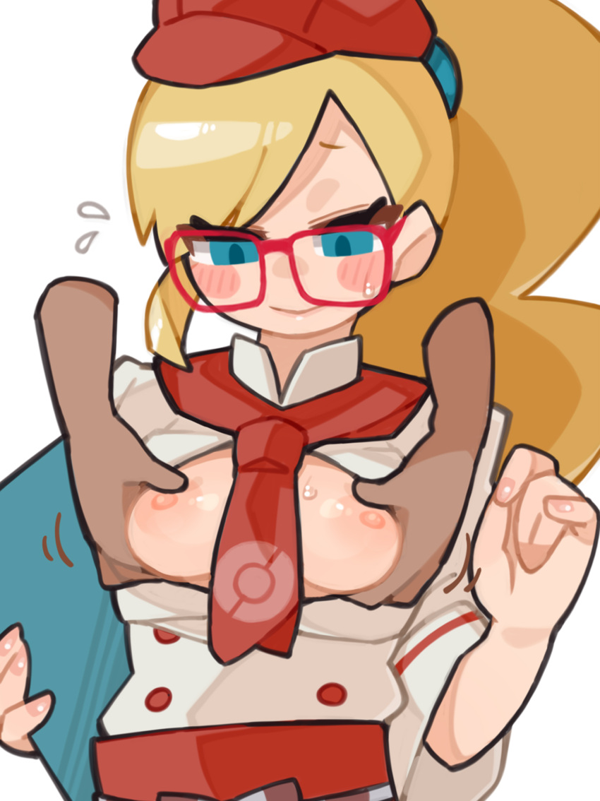 1girl absurdres aqua_eyes ascot blonde_hair blush_stickers buttons clenched_hand closed_mouth disembodied_hand flying_sweatdrops glasses grabbing grabbing_another's_breast hat highres holding holding_menu jacket leah_(pokemon) long_hair looking_down menu pokemon pokemon_cafe_remix red-framed_eyewear red_ascot red_hat sweat sweelan waitress white_background
