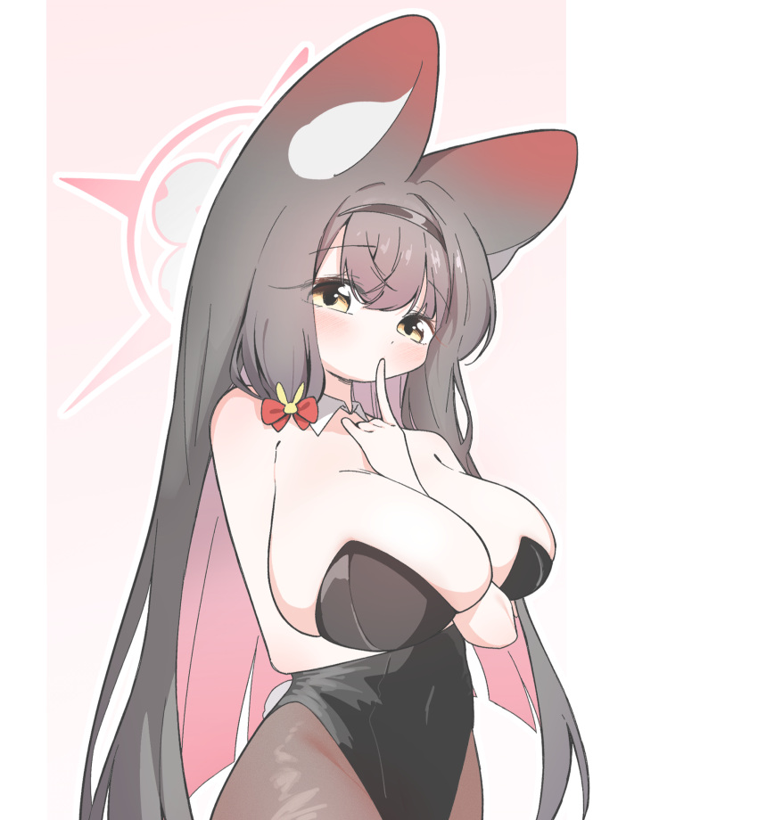1girl animal_ears arm_between_breasts arm_under_breasts between_breasts black_hair black_hairband black_leotard black_pantyhose blue_archive bow breasts colored_inner_hair detached_collar fox_ears hair_bow hairband halo highres huge_breasts leotard long_hair looking_at_viewer multicolored_hair pantyhose pink_hair playboy_bunny red_bow red_halo smsm516 solo wakamo_(blue_archive) yellow_eyes