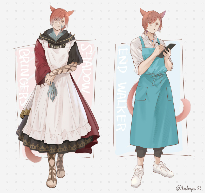 1boy alternate_costume animal_ears apron archon_mark babape black_pants black_robe blue_apron brown_footwear cat_boy cat_ears cat_tail clipboard collared_shirt crystal crystal_exarch crystallization facial_mark final_fantasy final_fantasy_xiv frilled_apron frills full_body g'raha_tia gladiator_sandals hair_ornament highres holding holding_clipboard holding_pen hood hood_down hooded_robe jewelry looking_at_viewer male_focus material_growth miqo'te multiple_views neck_tattoo necklace pants pants_rolled_up pen red_eyes red_hair robe sandals shirt shoes short_hair signature simple_background smile sneakers standing swept_bangs tail tattoo toeless_footwear twitter_username uniform white_apron white_background white_footwear white_shirt x_hair_ornament