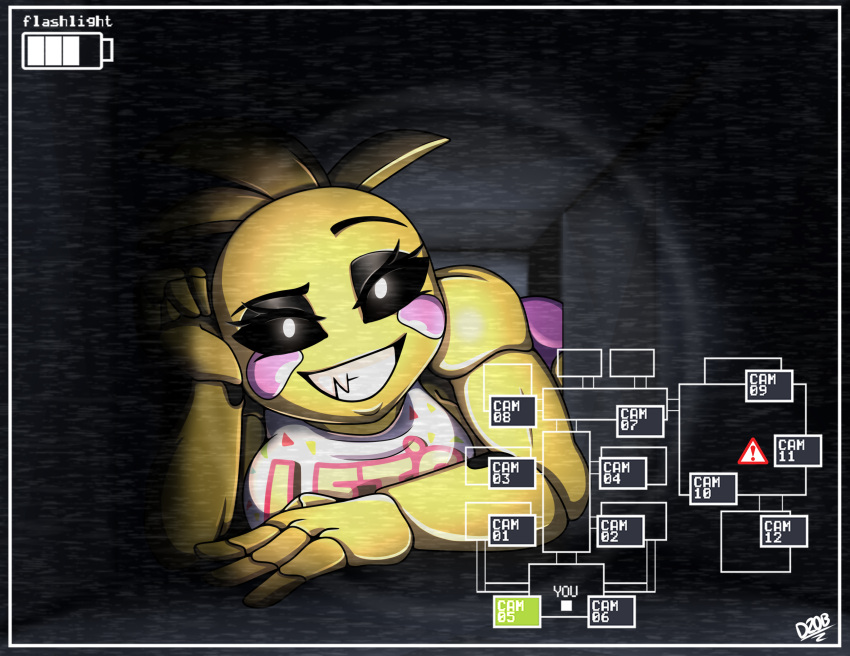 animatronic anthro avian bird breasts chicken clothing crawling dino20bryan eyeshadow female five_nights_at_freddy's five_nights_at_freddy's_2 galliform gallus_(genus) gameplay_mechanics hi_res looking_at_viewer machine makeup map phasianid robot scottgames signature smile solo teeth toy_chica_(fnaf) vent yellow_body
