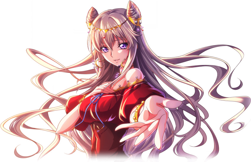 1girl arm_up artist_request backlighting bare_shoulders blue_ribbon bracelet breasts code_geass code_geass:_lost_stories collarbone covered_navel cropped_torso double_bun dress earrings floating_hair game_cg gem gold_trim grey_hair hair_between_eyes hair_bun hand_on_own_chest hand_up happy highres jewelry leila_malcal long_hair looking_at_viewer medium_breasts non-web_source off-shoulder_dress off_shoulder official_art outstretched_arm parted_lips puffy_short_sleeves puffy_sleeves purple_eyes purple_gemstone reaching reaching_towards_viewer red_dress red_gemstone ribbon short_sleeves sidelocks simple_background smile solo standing teeth tiara transparent_background upper_body very_long_hair