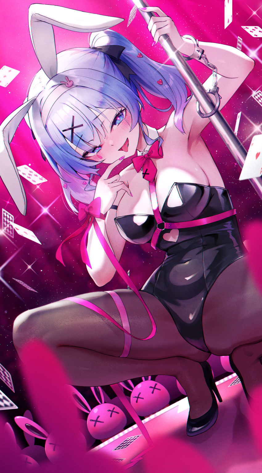 1girl :d absurdres ace_(playing_card) ace_of_hearts animal_ears arm_up armpits black_footwear black_leotard black_ribbon blue_eyes blue_hair blurry blurry_foreground bow bowtie breasts card clothing_cutout covered_navel cuffs full_body gradient_hair hair_ornament hair_ribbon hairband hand_to_own_mouth handcuffs hatsune_miku heart heart-shaped_pupils heart_cutout heart_hair_ornament high_heels highres kai_(ootamuno12) leotard looking_at_viewer multicolored_hair nine_of_spades open_mouth pink_bow pink_bowtie pink_hair pink_nails pink_pupils playboy_bunny playing_card pole pumps rabbit_ears rabbit_hole_(vocaloid) ribbon seven_of_clubs smile squatting strapless strapless_leotard stripper_pole symbol-shaped_pupils teardrop_facial_mark three_of_diamonds three_of_hearts tongue tongue_out twintails two_of_hearts vocaloid white_hairband wrist_bow x_hair_ornament x_x