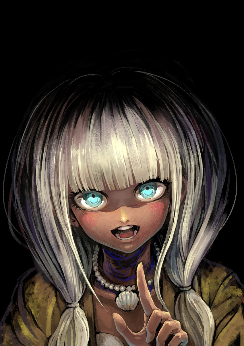 1girl :d absurdres bikini black_background blunt_bangs brown_jacket danganronpa_(series) danganronpa_v3:_killing_harmony green_eyes grey_hair highres jacket jewelry looking_at_viewer low_twintails necklace open_clothes open_jacket open_mouth pointing pointing_at_viewer portrait shell shell_necklace simple_background smile solo swimsuit teeth twintails yonaga_angie youko-shima