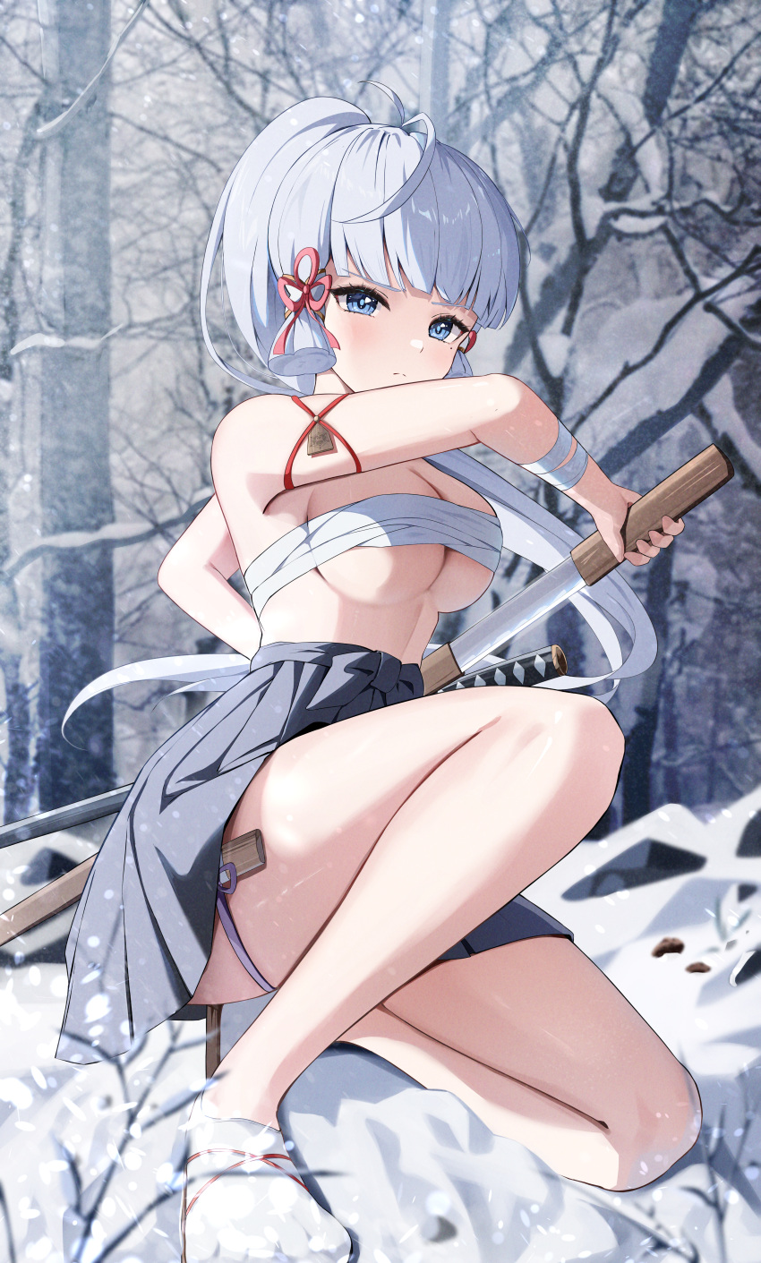 1girl absurdres bandages bandeau bare_arms bare_shoulders black_skirt blue_eyes blunt_bangs breasts budget_sarashi chest_sarashi cleavage commentary_request genshin_impact grey_hair highres holding holding_sword holding_weapon kamisato_ayaka katana large_breasts long_hair looking_at_viewer miniskirt pleated_skirt ponytail sarashi scabbard sheath sidelocks skirt snow socks solo strapless sword thigh_strap thighs tube_top unsheathing very_long_hair weapon white_socks wrist_wrap yeni1871