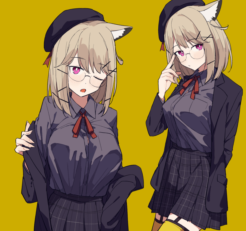 1girl animal_ear_fluff animal_ears arknights beret black_headwear black_jacket black_skirt breasts brown_hair coldcat. collared_shirt garter_straps glasses hair_ornament hairclip hand_on_eyewear hat highres jacket lapels large_breasts looking_at_viewer medium_hair off_shoulder official_alternate_costume open_clothes open_jacket pink_eyes plaid plaid_skirt pleated_skirt shirt simple_background skirt solo thighhighs utage_(arknights) utage_(disguise)_(arknights) x_hair_ornament yellow_background yellow_thighhighs