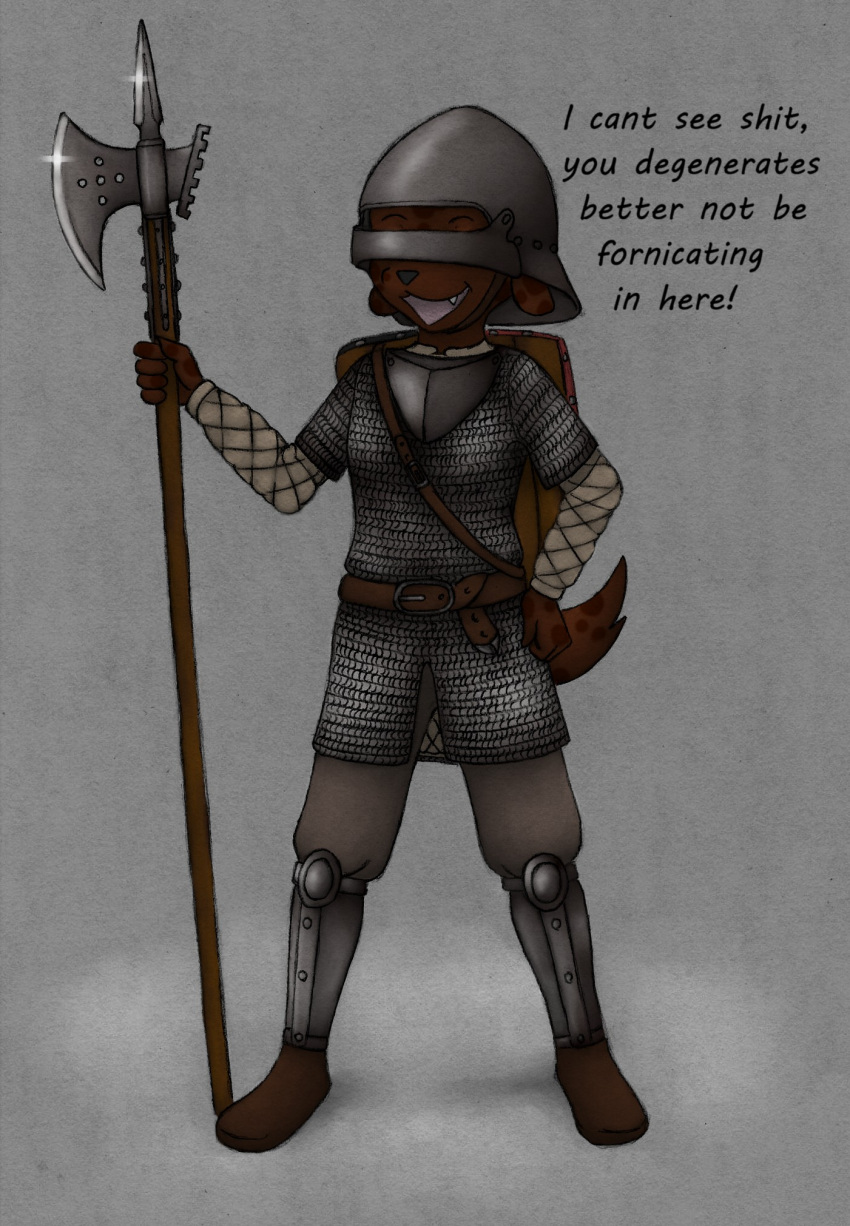 animew anthro armor belt black_nose black_spots boots canid canine canis chainmail claws clothed clothing coco_chockshund_(animew) dark_body dialogue domestic_dog english_text eyebrows female floppy_ears footwear halberd hand_on_own_hip headgear helmet hi_res holding_halberd holding_object holding_weapon mammal melee_weapon open_mouth polearm profanity shield simple_background solo spots spotted_body standing teeth text weapon