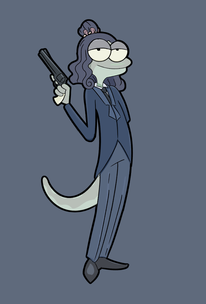 absurd_res amphibia_(series) amphibian anthro black_hair bottomwear clothing cosplay disney female green_body green_skin grey_background gun hair half-closed_eyes hand_behind_back handgun hi_res holding_object holding_weapon lady_olivia looking_at_viewer narrowed_eyes necktie newt pants ranged_weapon revolver salamander simple_background smile soes solo standing suit tail team_fortress_2 unknown_artist valve weapon