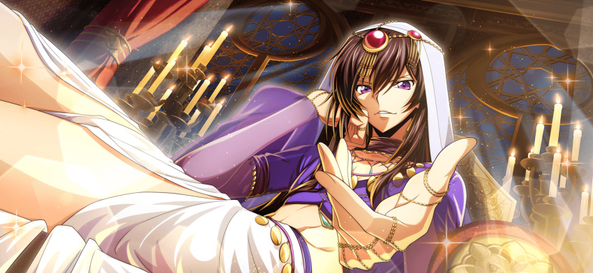 1boy alternate_hair_length alternate_hairstyle arabian_clothes artist_request black_hair blue_gemstone candelabra candle candlestand choker code_geass code_geass:_lost_stories collarbone crop_top curtains dutch_angle earrings fire game_cg gem hair_between_eyes hand_on_own_cheek hand_on_own_face hand_up head_rest headpiece highres indoors jewelry leaning_back lelouch_vi_britannia light_particles long_hair long_sleeves male_focus necklace night non-web_source official_art puffy_long_sleeves puffy_sleeves purple_choker purple_shirt reaching reaching_towards_viewer red_gemstone see-through see-through_sleeves shirt sidelocks sitting solo sparkle thighs veil window