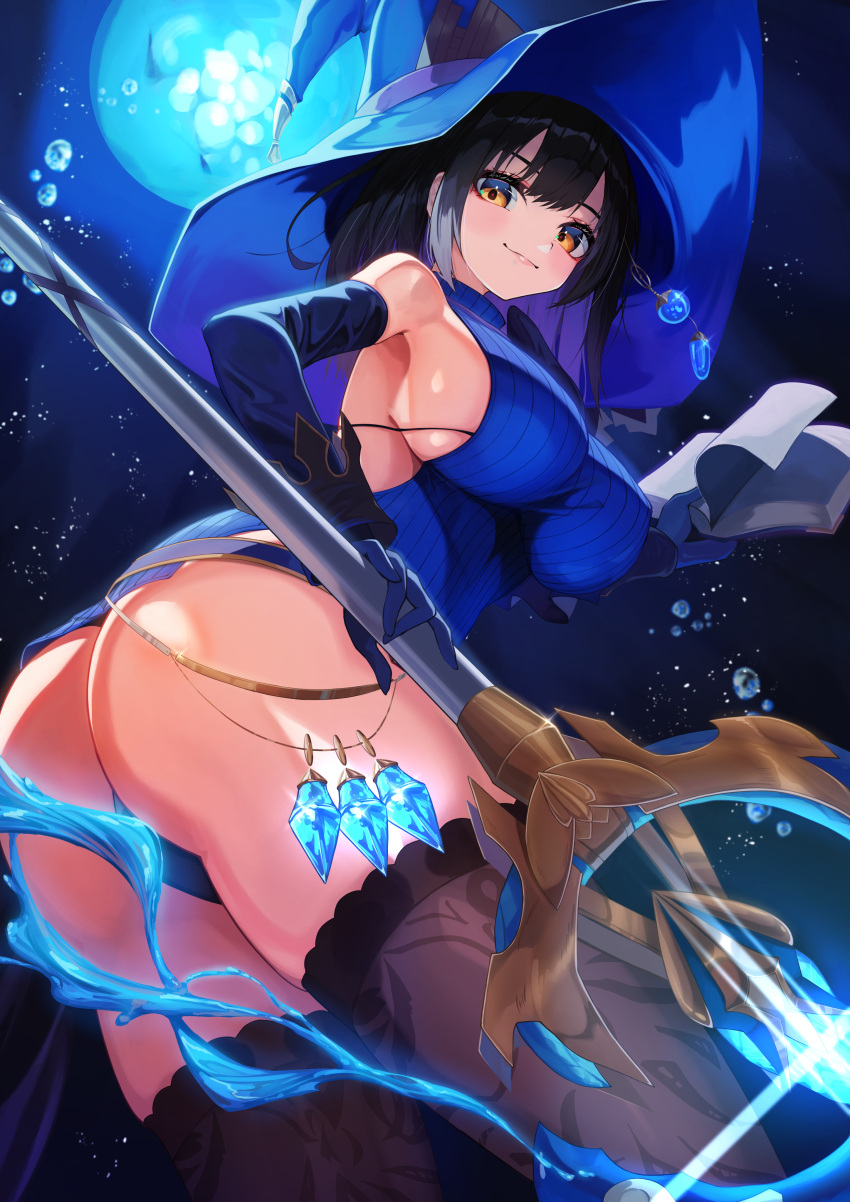 1girl absurdres air_bubble armpits ass black_hair black_thighhighs blue_dress blue_gemstone blue_hat blue_sleeves blush breasts brown_dust_2 brown_eyes bubble detached_sleeves dress feet_out_of_frame from_below gem hair_between_eyes hat highres hiyoku holding holding_staff large_breasts large_hat looking_at_viewer looking_down mage_staff scheherazade_(brown_dust) short_dress short_hair sideboob solo staff thighhighs underwater witch_hat