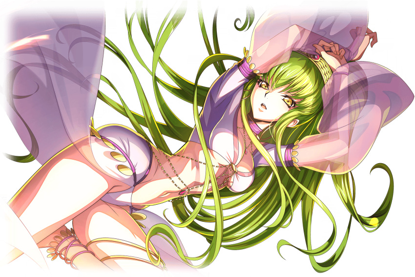 1girl alpha_transparency anklet arabian_clothes arms_up artist_request breasts c.c. code_geass code_geass:_lost_stories crop_top dancing dutch_angle earrings floating_hair game_cg gem green_hair hairband highres hoop_earrings jewelry leg_up long_hair long_sleeves looking_at_viewer medium_breasts navel necklace non-web_source official_art open_mouth puffy_long_sleeves puffy_sleeves red_gemstone see-through see-through_sleeves shirt sidelocks simple_background solo standing standing_on_one_leg stomach teeth thighlet thighs tongue transparent_background underboob very_long_hair white_shirt yellow_eyes yellow_hairband