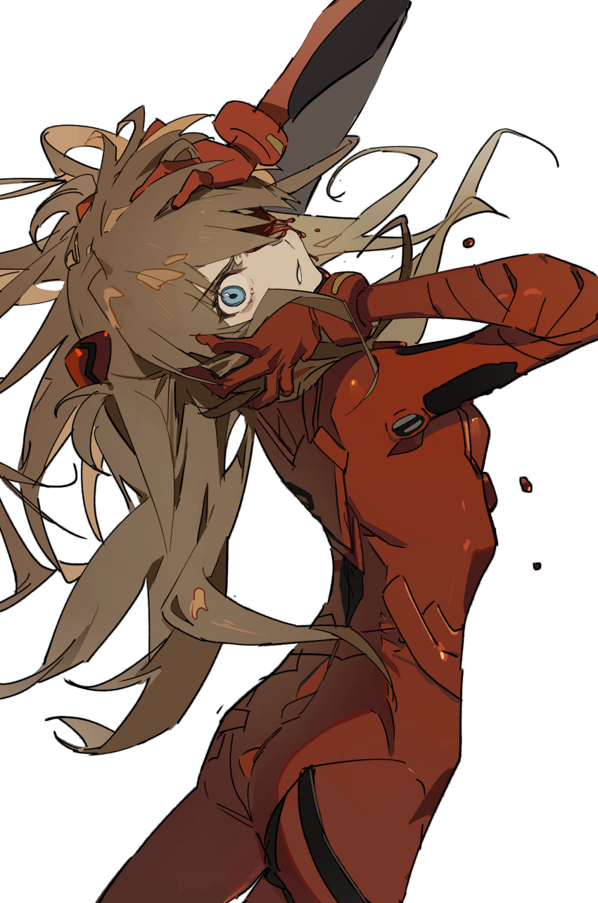 1girl absurdres ass bangs blood blood_on_face blue_eyes bodysuit breasts clenched_teeth cowboy_shot floating_hair from_behind furrowed_brow hair_ornament hair_over_one_eye hairpods highres light_brown_hair long_hair looking_at_viewer looking_back neon_genesis_evangelion open_mouth plugsuit rebuild_of_evangelion red_bodysuit simple_background small_breasts solo souryuu_asuka_langley straight_hair swept_bangs teeth very_long_hair white_background zhibuji_loom