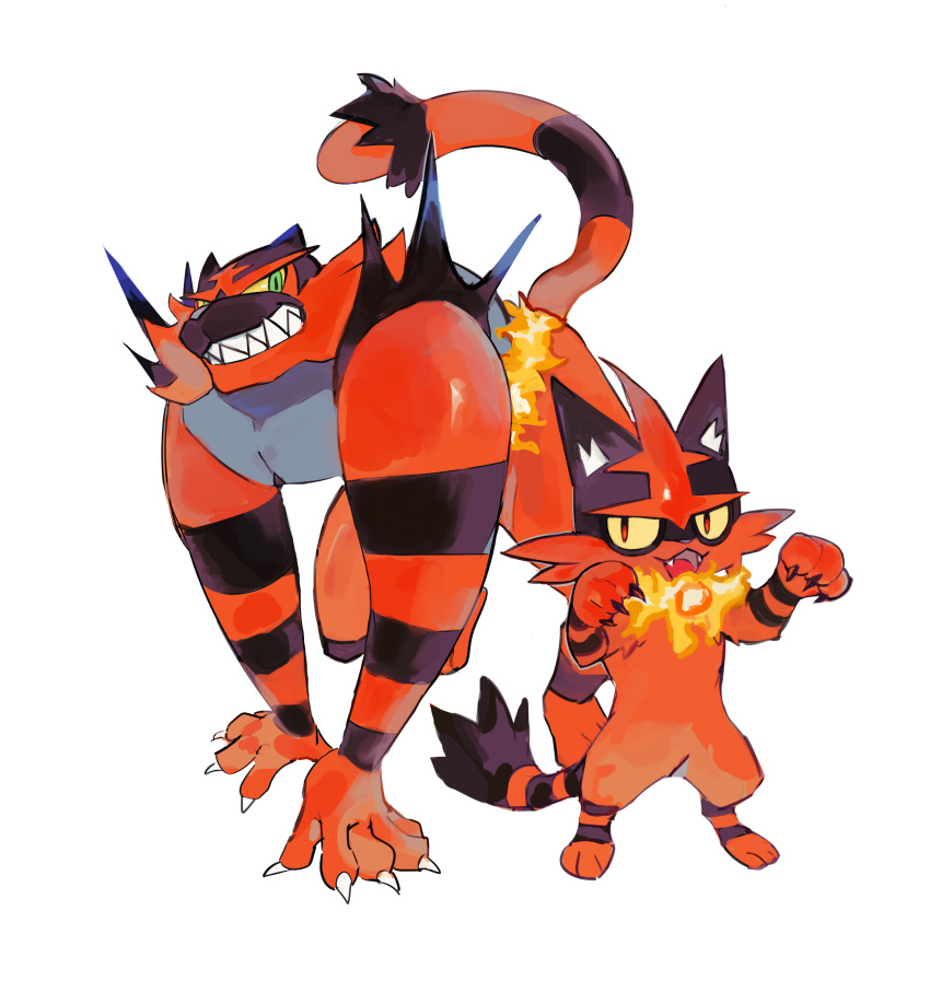 :d claws colored_sclera fangs green_eyes grin highres incineroar maumaujanken open_mouth pokemon pokemon_(creature) sharp_teeth smile teeth tongue torracat white_background yellow_sclera