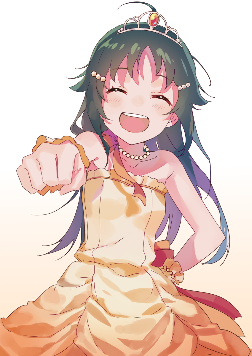 1girl absurdres ahoge bare_shoulders black_hair blush bow bracelet breasts closed_eyes collarbone dot_nose dress gradient_background hair_ornament hairclip hand_on_own_hip highres idolmaster idolmaster_cinderella_girls idolmaster_cinderella_girls_starlight_stage incoming_attack incoming_punch jewelry long_hair nanjo_hikaru necklace open_mouth orange_bow orange_dress orange_scrunchie pearl_bracelet pearl_necklace punching scrunchie small_breasts smile solo strapless strapless_dress teeth tiara upper_body upper_teeth_only wrist_scrunchie yumesaki_nana