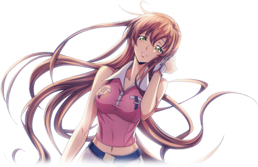 1girl adjusting_hair artist_request bare_shoulders belt breast_pocket breasts buttons closed_mouth code_geass code_geass:_lost_stories collarbone collared_shirt crop_top cropped_torso dutch_angle floating_hair game_cg green_eyes hair_between_eyes half-closed_eyes hand_up happy highres large_breasts long_hair looking_at_viewer midriff navel non-web_source official_art orange_hair pink_shirt pocket shirley_fenette shirt sidelocks simple_background skirt sleeveless sleeveless_shirt smile solo split_mouth standing transparent_background upper_body very_long_hair white_skirt wrist_cuffs