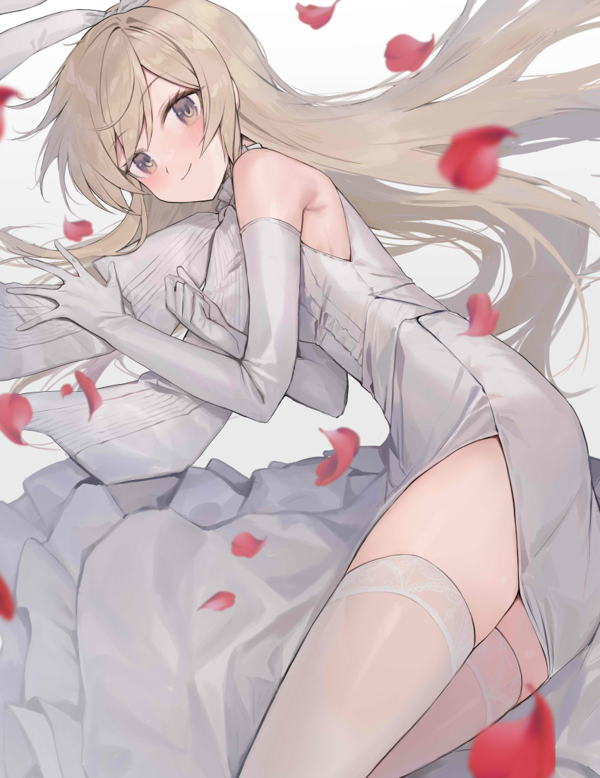 1girl absurdres alternate_costume blonde_hair blush closed_mouth dress elbow_gloves gloves highres kantai_collection long_hair looking_at_viewer lying on_side petals picoli1313 shimakaze_(kancolle) simple_background sleeveless sleeveless_dress smile solo thighhighs white_background white_dress white_thighhighs yellow_eyes