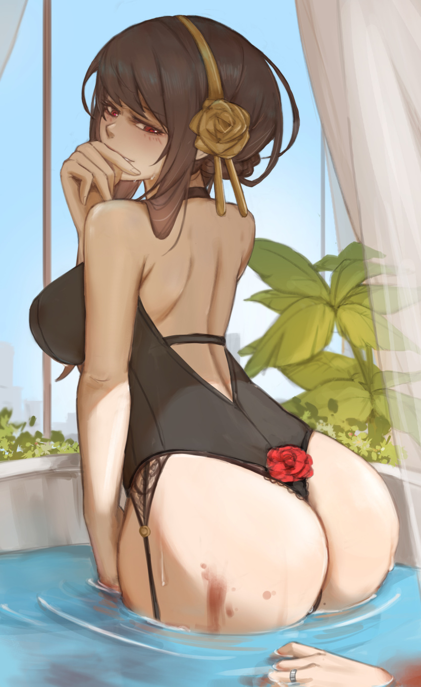 1girl 1other absurdres ass bathtub black_hair black_one-piece_swimsuit blood blood_on_ass breasts corpse curtains death from_behind gold_hairband hairband highres indoors jewelry large_breasts murder one-piece_swimsuit partially_submerged red_eyes ring sidelocks solo_focus spy_x_family swimsuit water wet yor_briar yui_wang_77