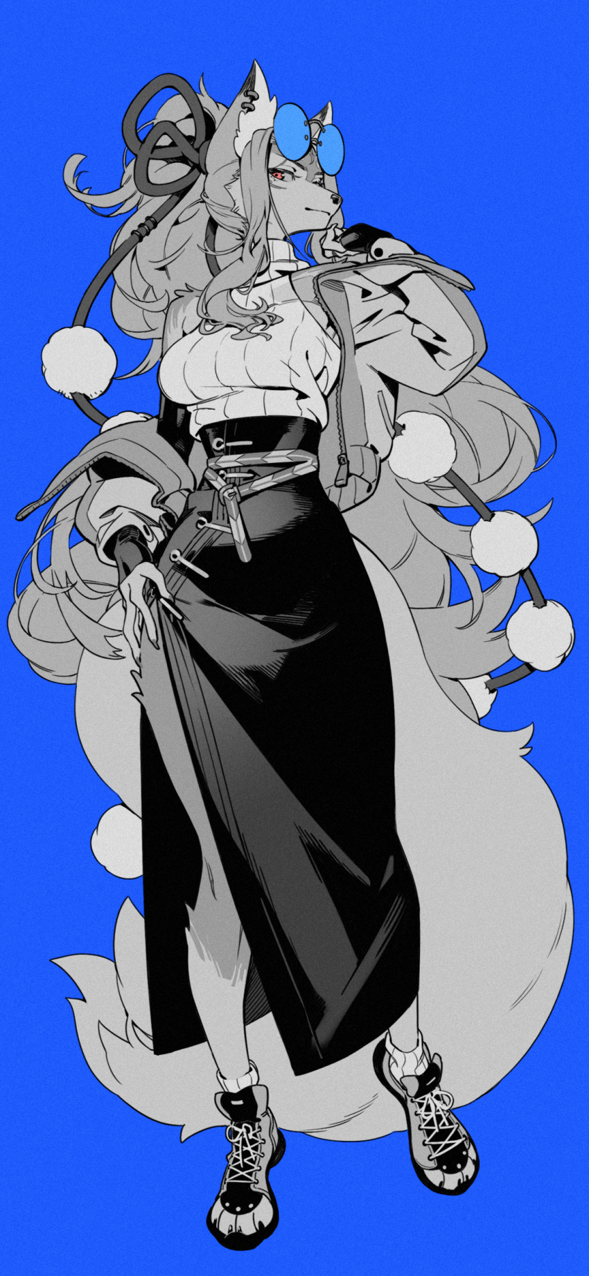 1girl absurdres animal_ear_fluff animal_ears belt blue_background breasts eyewear_on_head fox_ears fox_girl full_body furry furry_female glasses greyscale_with_colored_background hair_ribbon hand_on_own_thigh highres jacket long_hair long_skirt looking_at_viewer open_clothes open_jacket original ribbon round_eyewear shoes side_slit skirt sneakers solo standing sweater thighs turtleneck turtleneck_sweater wo_xuyao_jiashui