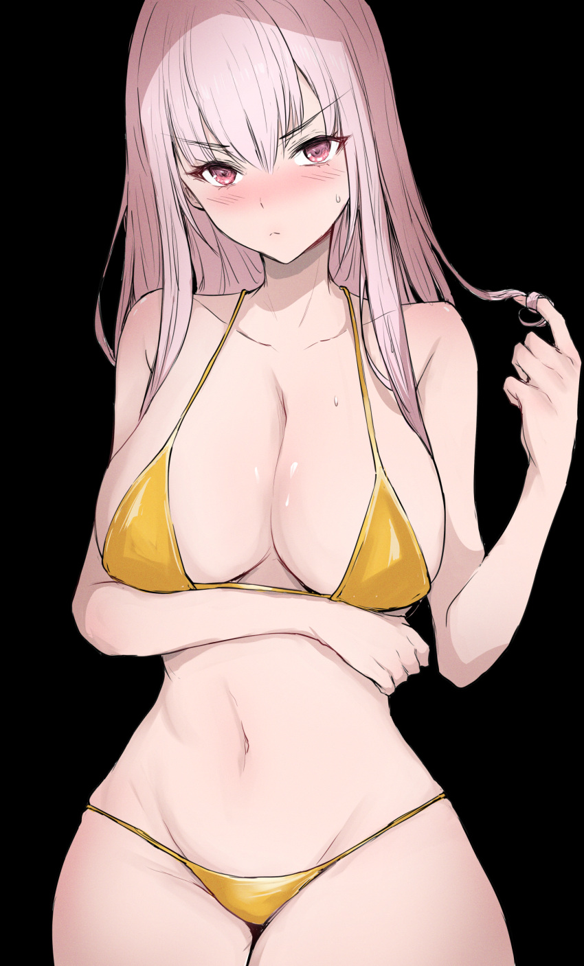 1girl absurdres arm_under_breasts bikini black_background blush breasts cowboy_shot gold_bikini highres hololive hololive_english large_breasts light_frown looking_at_viewer mori_calliope navel pink_eyes pink_hair sak1_01 solo stomach sweatdrop swimsuit twirling_hair v-shaped_eyebrows virtual_youtuber