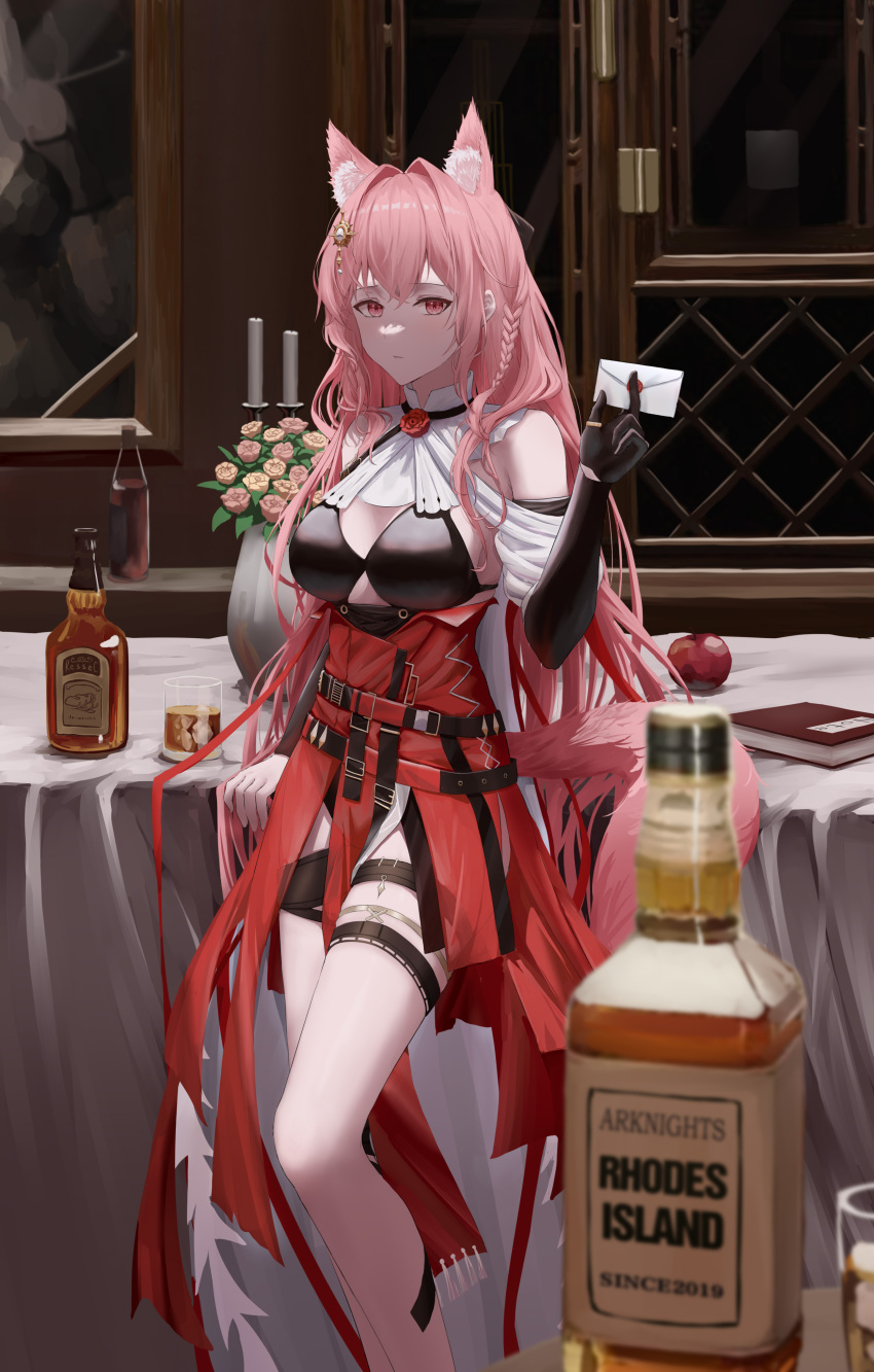 1girl absurdres alcohol animal_ear_fluff animal_ears arknights ascot black_bra black_gloves blush bottle bra braid breasts chandelier copyright_name envelope extra_ears feet_up gloves hair_between_eyes hair_intakes hair_ornament hand_up high-waist_skirt highres holding holding_envelope looking_at_viewer medium_breasts pink_eyes pink_hair plant potted_plant pozyomka_(arknights) red_skirt ressec skirt solo standing table tail thighs underwear vase wax_seal white_ascot wolf_ears wolf_girl wolf_tail