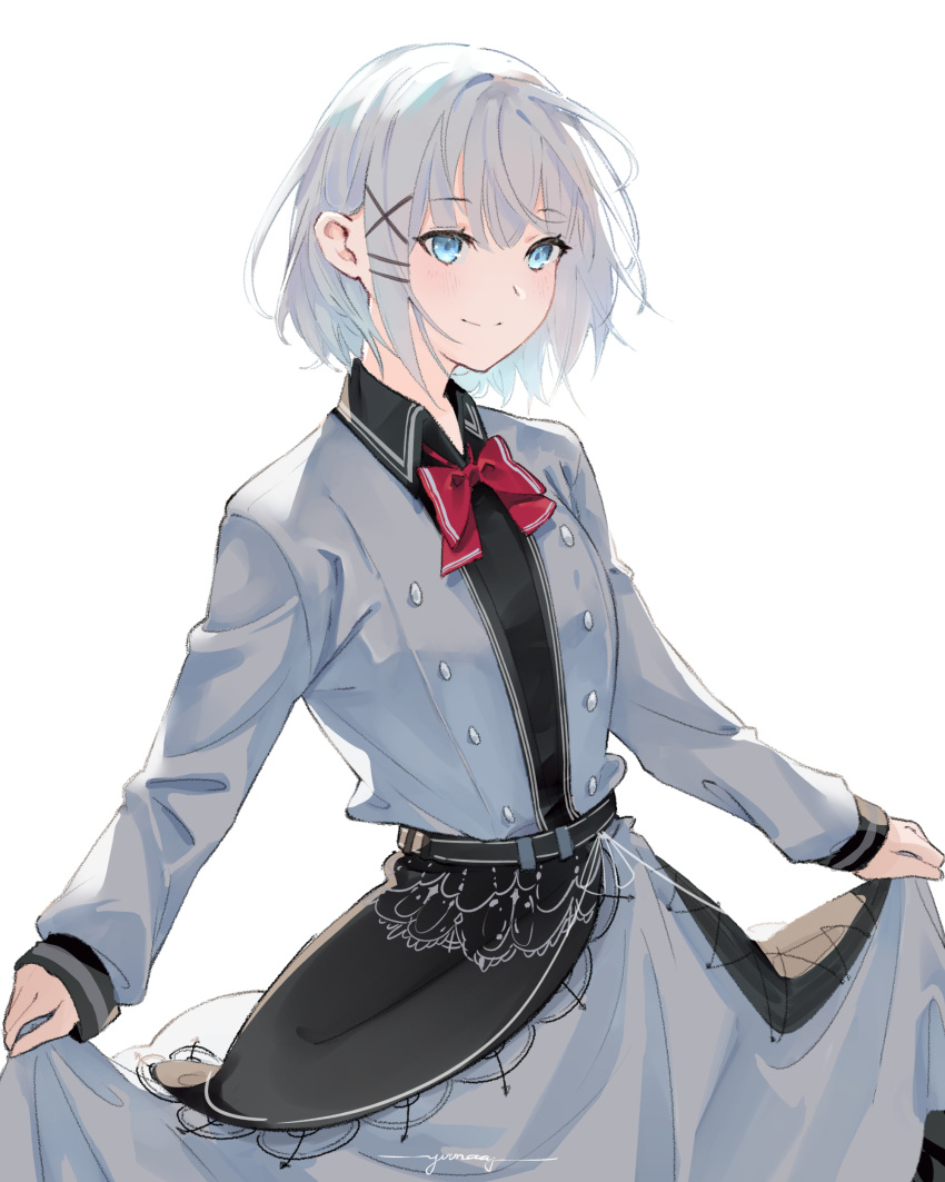 1girl absurdres artist_name belt black_belt black_shirt blue_dress blue_eyes bow bowtie closed_mouth collared_shirt commentary cowboy_shot dress english_commentary grey_hair hair_ornament hairpin highres looking_afar medium_hair red_bow red_bowtie revision shirt siesta_(tantei_wa_mou_shindeiru) signature simple_background skirt_hold sleeves_past_wrists smile solo tantei_wa_mou_shindeiru white_background x_hair_ornament yuu_naay