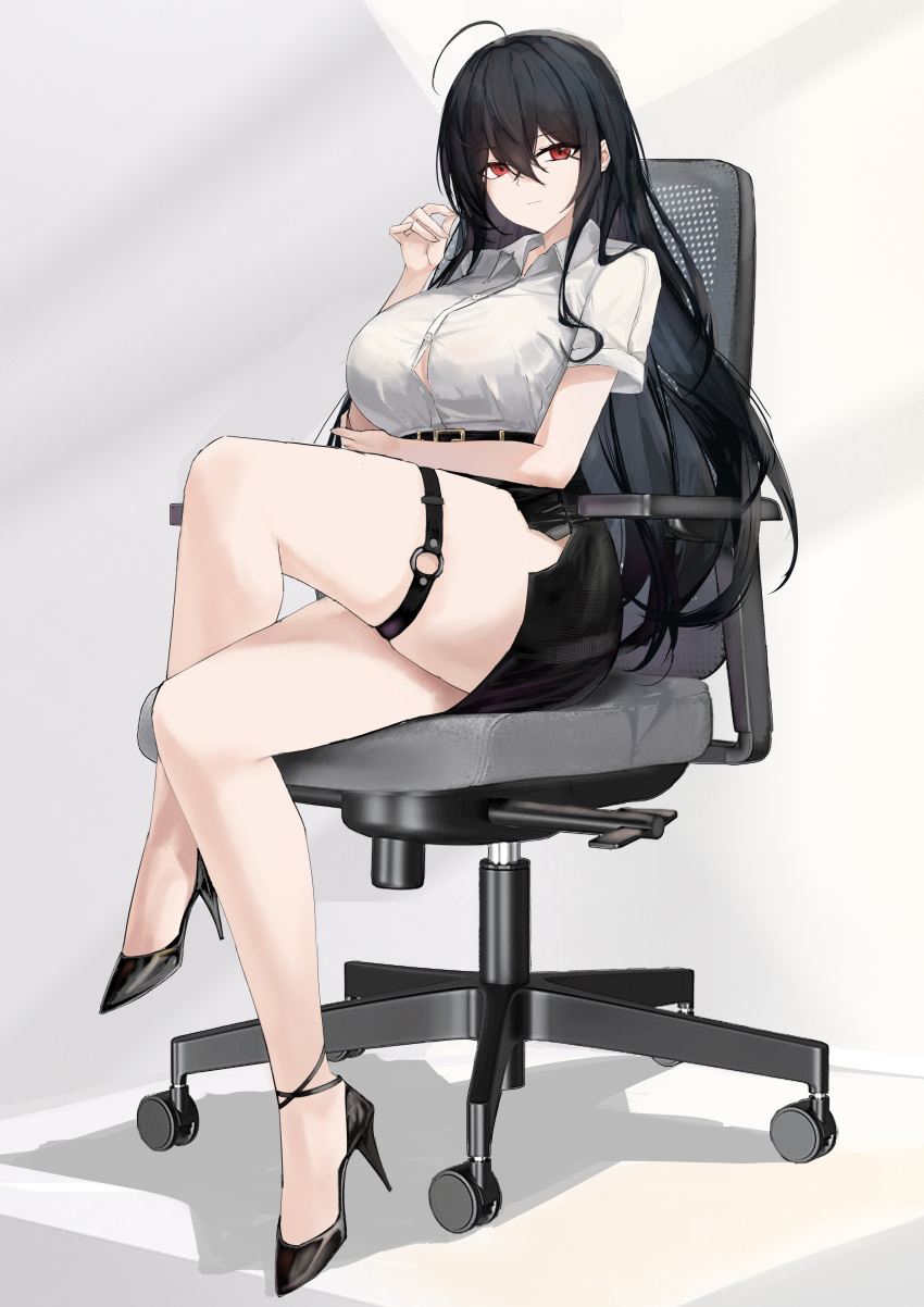 1girl absurdres ahoge ankle_strap arm_under_breasts azur_lane bare_legs belt black_footwear black_skirt breasts button_gap chair closed_mouth collared_shirt crossed_bangs crossed_legs full_body hair_between_eyes hand_up high-waist_skirt high_heels highres large_breasts legs o-ring o-ring_thigh_strap office_chair office_lady on_chair pencil_skirt red_eyes shirt shirt_tucked_in sitting skindentation skirt solo suo_bu_ye_feng swivel_chair taihou_(azur_lane) thigh_strap white_shirt