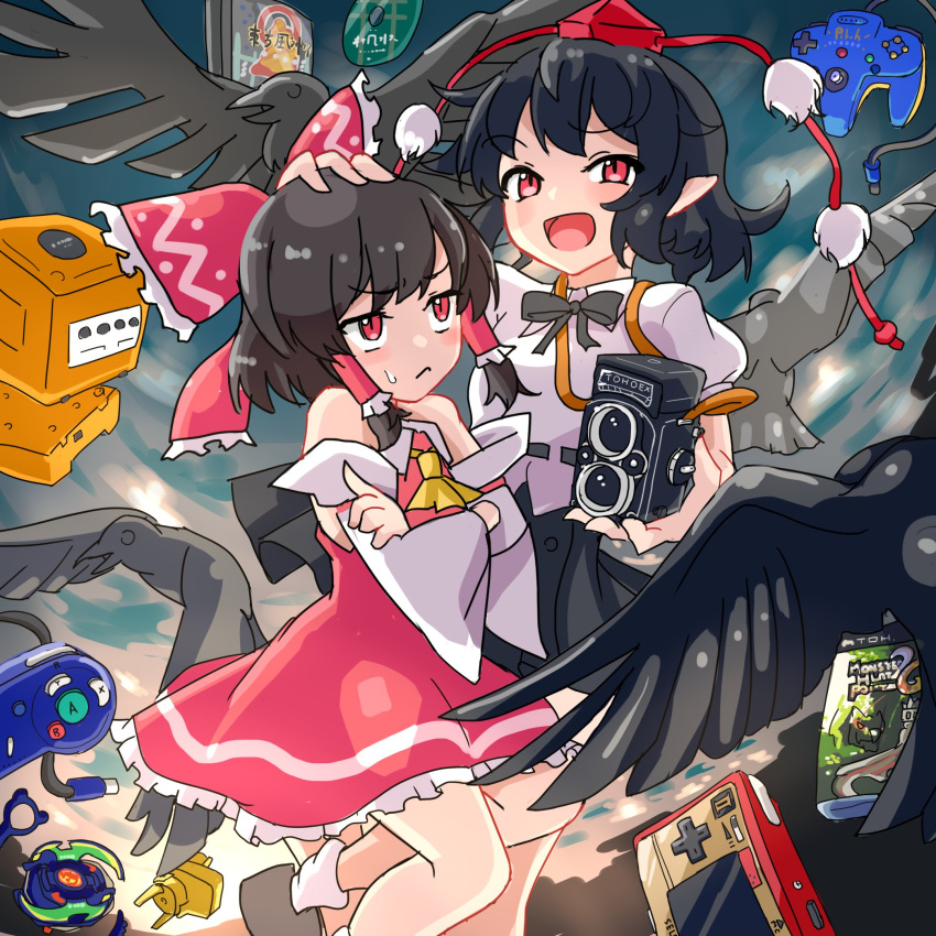 2girls :d ascot belt beyblade bird black_belt black_bird black_footwear black_hair black_ribbon black_skirt bow breasts camera cd closed_mouth collared_shirt commentary_request crossed_arms crow detached_sleeves dress frilled_bow frilled_dress frilled_hair_tubes frills game_&amp;_watch game_console gamecube gamecube_controller hair_tubes hakurei_reimu hand_on_another's_head hat highres holding holding_camera kappy745 long_sleeves mountain_of_faith multiple_girls neck_ribbon nintendo nintendo_64_controller pleated_skirt pointy_ears pom_pom_(clothes) puffy_short_sleeves puffy_sleeves red_bow red_dress red_eyes red_hat ribbon shameimaru_aya shirt short_hair short_sleeves skirt small_breasts smile sweatdrop tassel tokin_hat touhou upper_body white_shirt white_sleeves wide_sleeves yellow_ascot