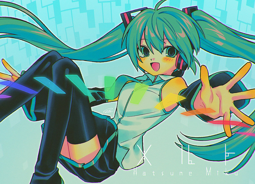 1girl ahoge bare_shoulders black_footwear black_skirt black_sleeves blue_background boots breasts character_name detached_sleeves feet_out_of_frame green_eyes green_hair green_necktie hair_ornament hatsune_miku highres long_hair long_sleeves looking_at_viewer melt_(vocaloid) menma_(enaic31) miniskirt necktie open_mouth pleated_skirt shirt skirt sleeveless sleeveless_shirt small_breasts smile solo song_name thigh_boots twintails very_long_hair vocaloid zettai_ryouiki