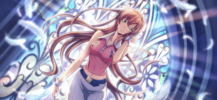 1girl adjusting_hair artist_request backlighting bare_shoulders belt breast_pocket breasts buttons closed_mouth code_geass code_geass:_lost_stories collarbone collared_shirt cowboy_shot crop_top dutch_angle feathers floating_hair game_cg green_eyes groin_outline hair_between_eyes half-closed_eyes hand_up happy highres indoors large_breasts light_rays long_hair looking_at_viewer midriff navel non-web_source official_art orange_hair pink_shirt pocket shirley_fenette shirt sidelocks skirt sleeveless sleeveless_shirt smile solo split_mouth stained_glass standing very_long_hair white_feathers white_skirt wrist_cuffs