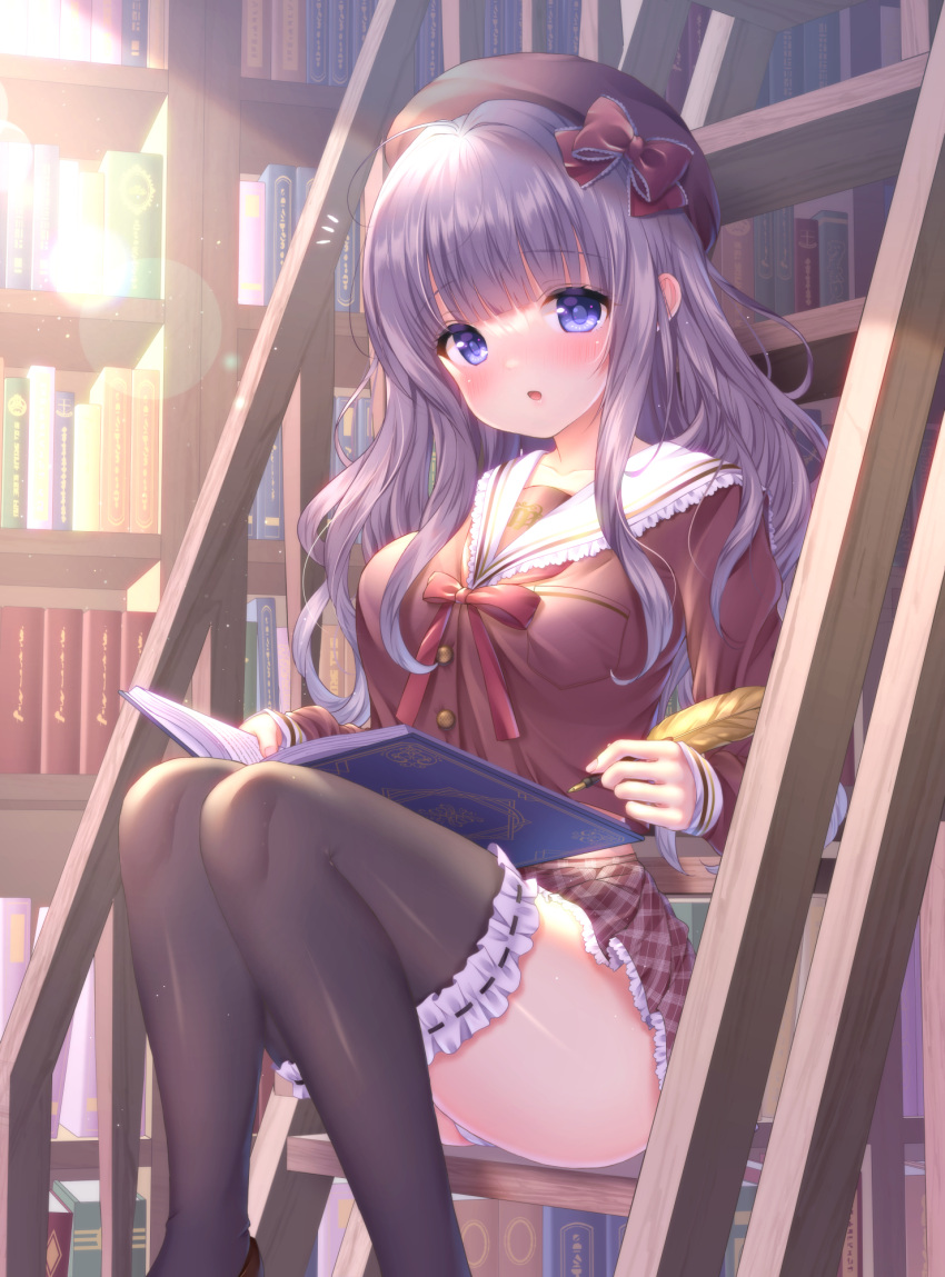 1girl bangs beret black_thighhighs blue_eyes book bookshelf bow breasts brown_bow brown_headwear brown_shirt brown_skirt commentary_request dengeki_moeou feet_out_of_frame frilled_sailor_collar frilled_skirt frills hair_bow hat highres holding ladder looking_at_viewer medium_breasts notice_lines on_ladder open_book original panties parted_lips plaid plaid_skirt pleated_skirt purple_hair quill ribbon-trimmed_legwear ribbon_trim sailor_collar scan school_uniform see-through shirt sitting skirt solo thighhighs underwear white_panties white_sailor_collar yuyuko_(yuyucocco)