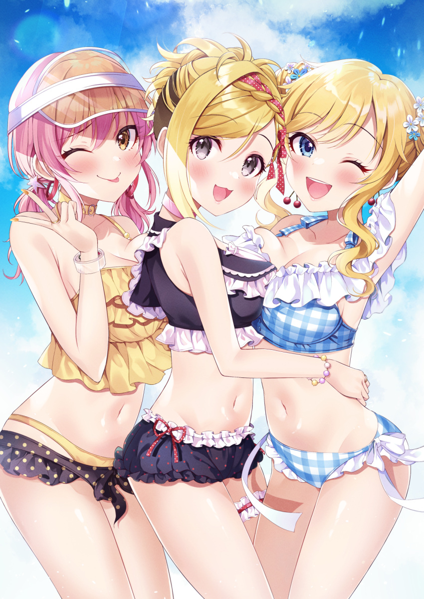 3girls :d ;d ;p black_eyes blonde_hair blue_eyes blue_sky blush breasts fujimoto_rina highres idolmaster idolmaster_cinderella_girls jougasaki_mika multiple_girls nako_narita ohtsuki_yui one_eye_closed orange_eyes pink_hair sexy_gals_(idolmaster) sky smile thighhighs tongue tongue_out