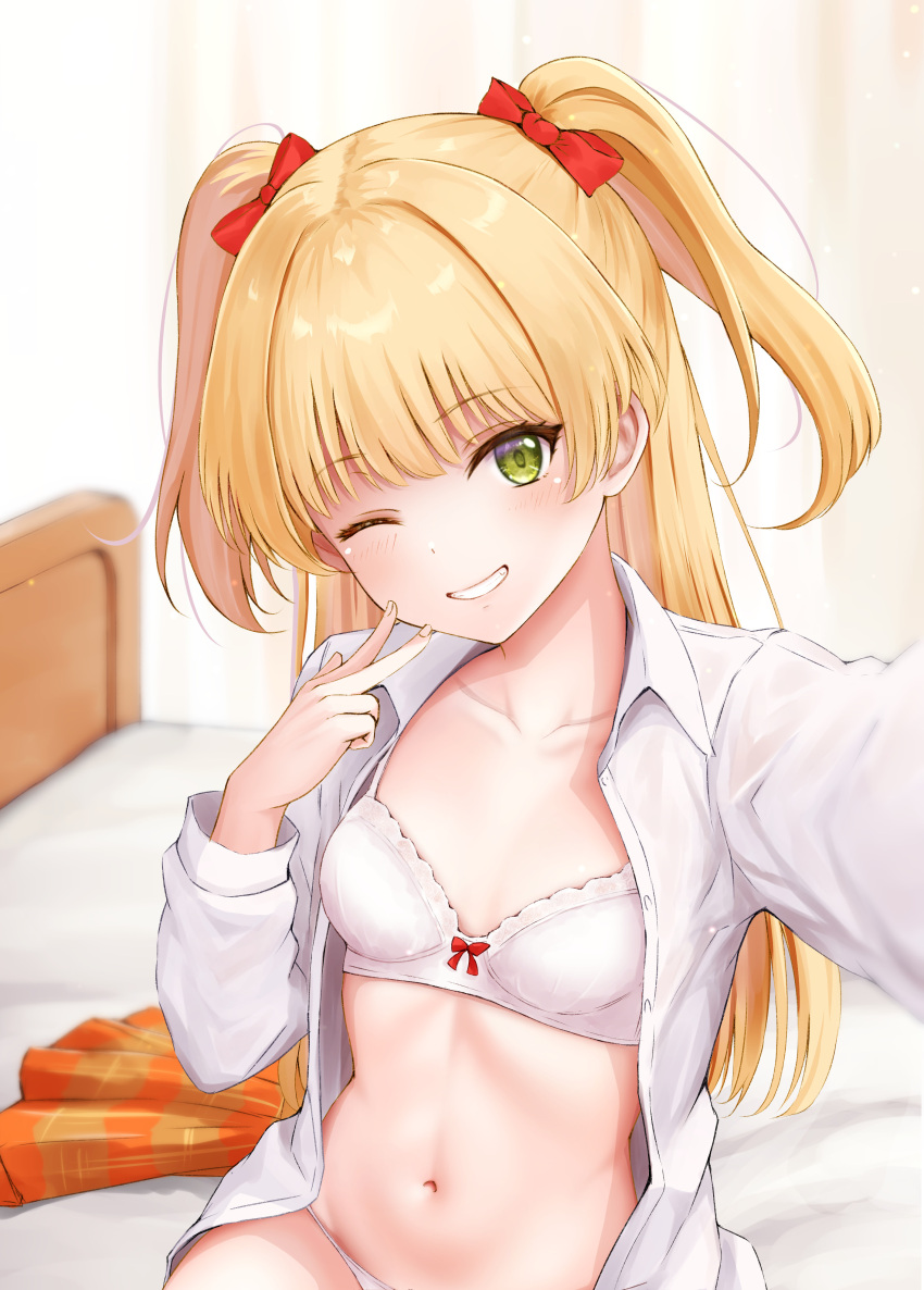 1girl absurdres bed_sheet blonde_hair blush bow bra breasts ca_paria collarbone collared_shirt commentary_request green_eyes hair_bow hand_up highres idolmaster idolmaster_cinderella_girls indoors jougasaki_rika long_hair long_sleeves looking_at_viewer navel on_bed one_eye_closed open_clothes open_shirt orange_skirt outstretched_arm panties red_bow shirt sitting skirt small_breasts smile solo stomach two_side_up underwear unworn_skirt upper_body w white_bra white_panties white_shirt