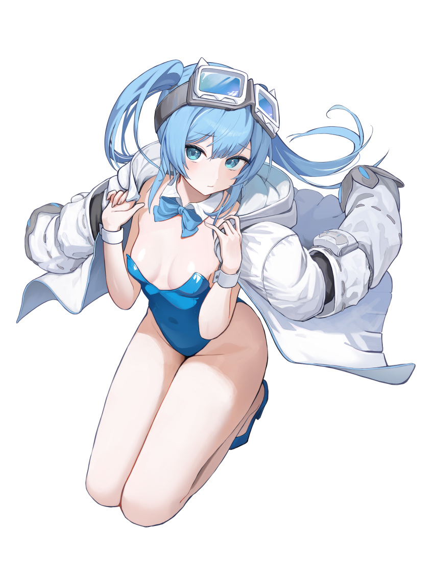 1girl absurdres arahashi_tabi bare_legs blue_eyes blue_footwear blue_hair blue_leotard blue_necktie bow bowtie breasts covered_navel detached_collar emma_0215 goggles goggles_on_head high_heels highleg highleg_leotard highres jacket jacket_on_shoulders leotard long_hair long_sleeves looking_at_viewer necktie playboy_bunny seiza shoes simple_background sitting small_breasts solo stellive strapless strapless_leotard traditional_bowtie twintails virtual_youtuber white_background white_jacket wing_collar wrist_cuffs