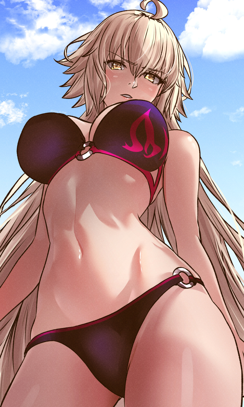 1girl absurdres ahoge bikini black_bikini blonde_hair blue_sky breasts cloud day fate/grand_order fate_(series) fukou highres jeanne_d'arc_alter_(avenger)_(fate) jeanne_d'arc_alter_(fate) jeanne_d'arc_alter_(swimsuit_berserker)_(fate) large_breasts long_hair outdoors parted_lips sky solo swimsuit very_long_hair yellow_eyes
