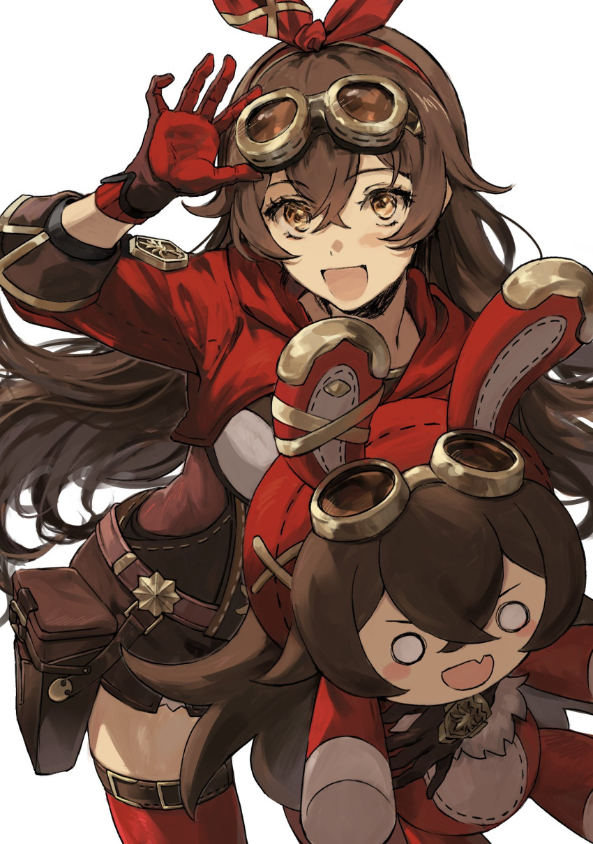 :d adjusting_eyewear amber_(genshin_impact) baron_bunny_(genshin_impact) belt brown_eyes brown_hair brown_shorts cowboy_shot cropped_jacket genshin_impact gloves goggles goggles_on_head hair_ribbon highres holding holding_stuffed_toy jacket kozukue_(estsuk) long_hair looking_at_viewer pouch red_gloves red_jacket red_ribbon red_thighhighs ribbon shorts smile stuffed_toy thigh_belt thigh_strap thighhighs very_long_hair white_background