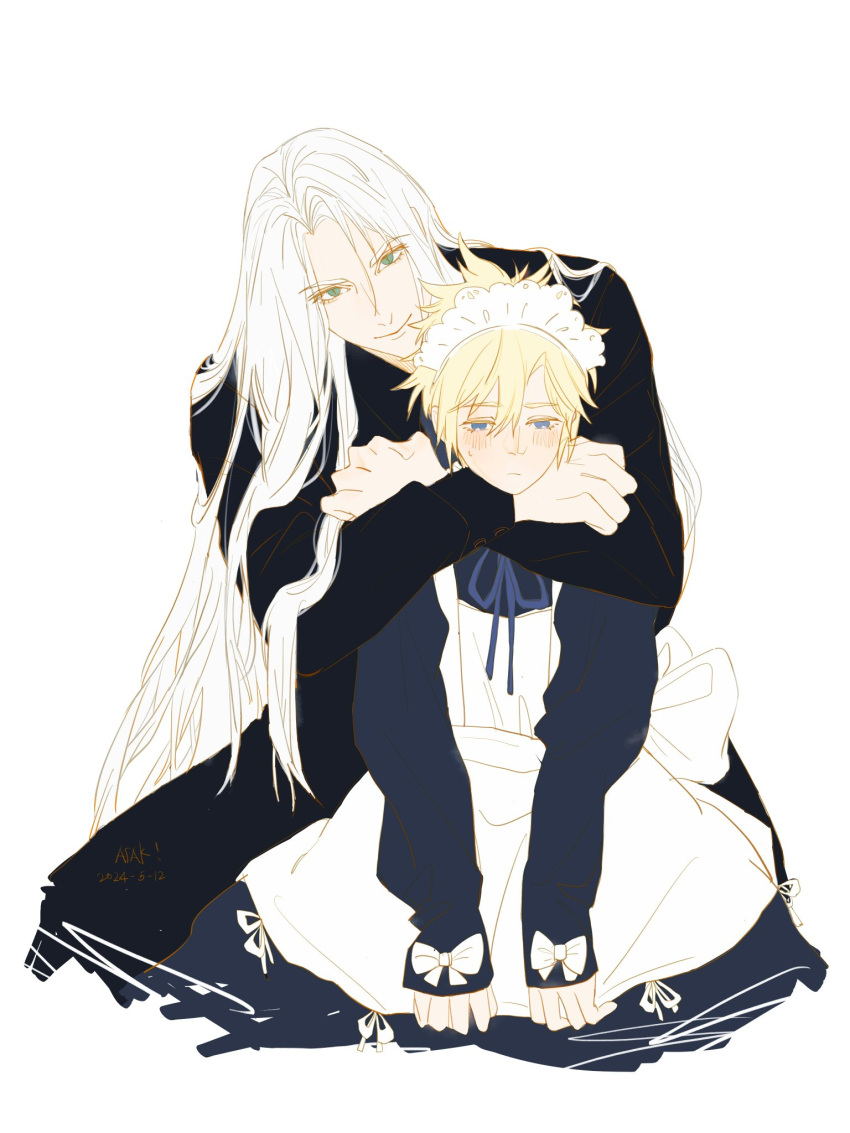 2boys alternate_costume apron arms_around_neck asak712 black_pants black_sweater blonde_hair blue_dress blue_eyes blue_ribbon blush cloud_strife commentary cropped_legs dress expressionless final_fantasy final_fantasy_vii full_body green_eyes grey_hair hashtag-only_commentary highres hug hug_from_behind kneeling limited_palette long_hair long_sleeves looking_at_viewer looking_down maid_apron maid_day maid_headdress male_focus multiple_boys neck_ribbon pants parted_bangs ribbon sephiroth short_hair signature simple_background slit_pupils smile spiked_hair sweatdrop sweater very_long_hair white_apron white_background yaoi