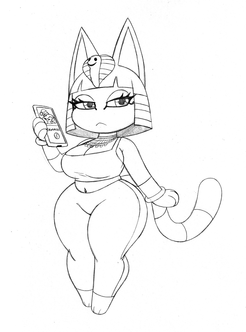 :&lt; absurd_res animal_crossing ankha_(animal_crossing) anthro barefoot big_breasts bracelet breasts canid canine canis cellphone cleavage clothed clothing domestic_cat domestic_dog electronics feet felid feline felis female hi_res isabelle_(animal_crossing) jewelry looking_at_viewer mammal midriff monochrome narrowed_eyes navel necklace nintendo omegasunburst phone shih_tzu solo thick_thighs tight_clothing toy_dog uraeus wide_hips