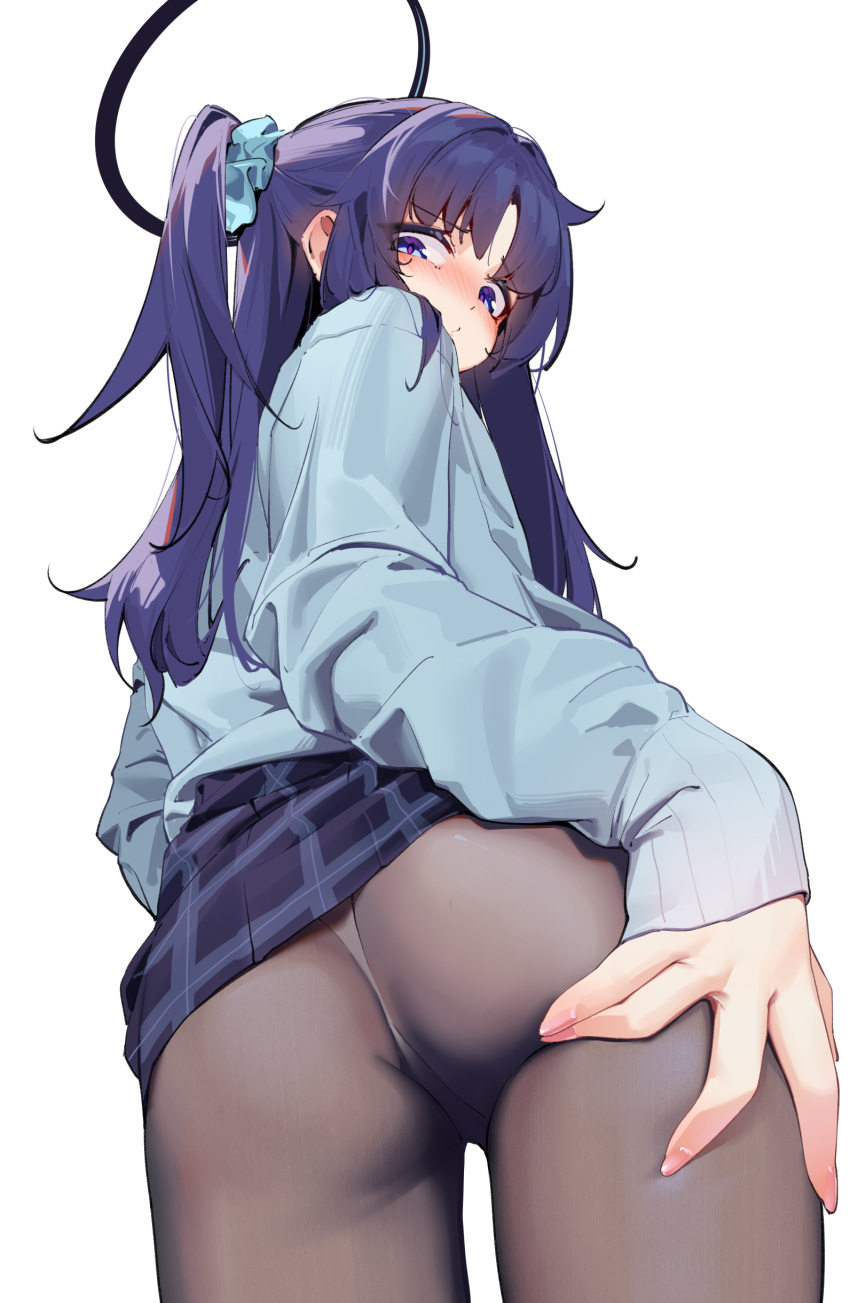 1girl absurdres ass black_skirt blue_archive blue_shirt blush cowboy_shot fingernails halo hand_on_own_ass highres long_hair long_sleeves looking_back mechanical_halo painterliuhao panties panties_under_pantyhose pantyhose purple_eyes purple_hair shirt simple_background skirt solo thighs two_side_up underwear white_background white_panties yuuka_(blue_archive)