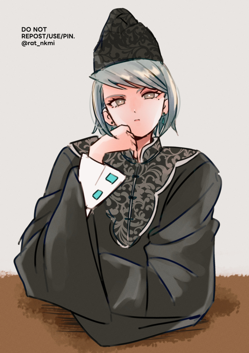 1girl ace_attorney black_hat bright_pupils closed_mouth earrings eyelashes franziska_von_karma grey_background grey_eyes grey_hair hat highres jewelry long_sleeves looking_at_viewer rat_nkmi short_hair solo twitter_username upper_body white_pupils